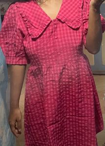 Cute Korean Pink Gingham Mini Dress