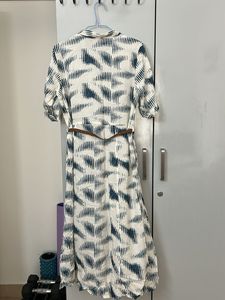 White &amp; Blue Printed Midi Dress with Belt