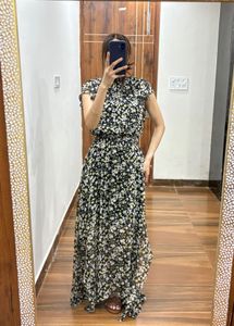 Yellow Ditsy Floral Layered Cut Maxi Dress