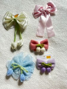 Cute Blue Lace Bow Hair Clip with Tulips