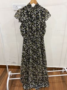 Yellow Ditsy Floral Layered Cut Maxi Dress