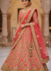 Stunning Coral & Gold Embroidered Lehenga Choli