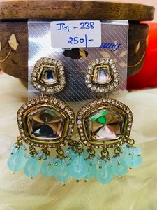 Heavy Kundan With Sky Blue Beads Earrings