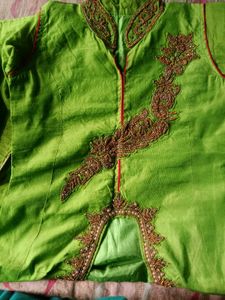 Heavy work Raw silk Green dress L SIZE