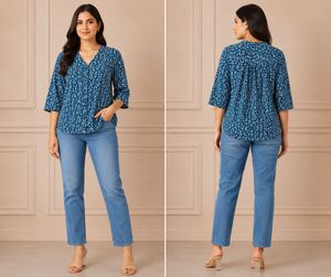 Stylish Blue Printed V-Neck Top