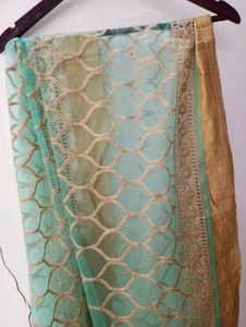 Duppata festive sea green golden colour