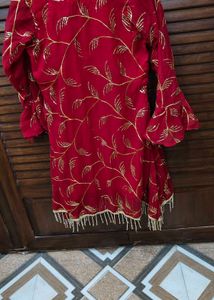 Stunning Red Kurta with Gold Leaf Design