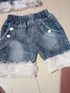 Denim Fur Trimmed Vest and Shorts Set