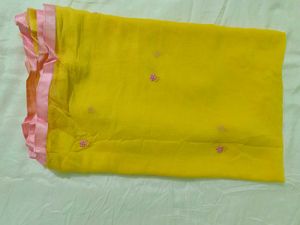 Vibrant Yellow Dupatta with Pink Border and flower