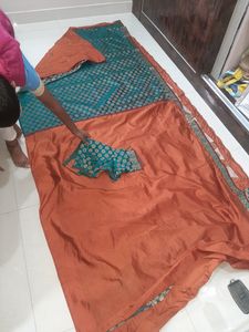 Brown,Blue Saree With Stitched Designer Blouse