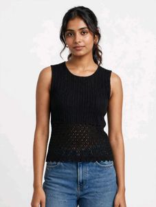 Chic Black Knit Tank Top with Crochet Detail