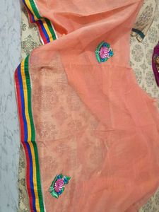 Elegant Peach Saree with Floral Embroidery