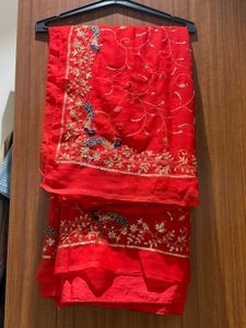 Only Red Saree with Peacock Embroidery
