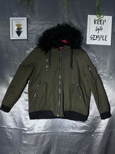 Green Bomber Jacket with Fur Hood