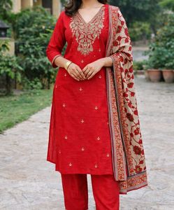 New Elegant Red Embroidered Kurta Set
