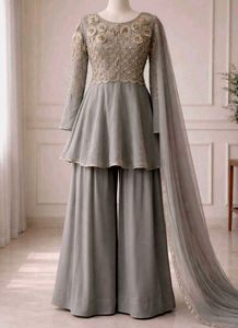 Elegant Grey Kurta Palazzo Set with Duppata
