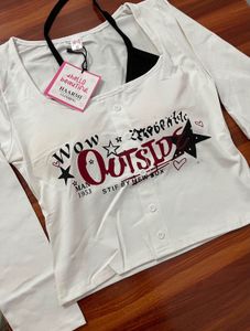 White Graphic Long Sleeve Crop Top