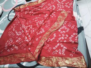 Red Bandhani Duppata with Golden Border