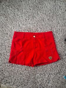 Vibrant Red Distressed Denim Shorts