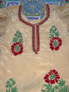 Beige Kurta with Red &amp; Green Floral Embroidery