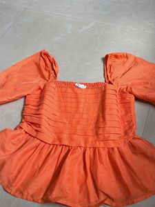Orange Square Neck Puff Sleeve Top