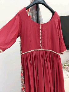Brick Red Flared Kurta With Dupatt