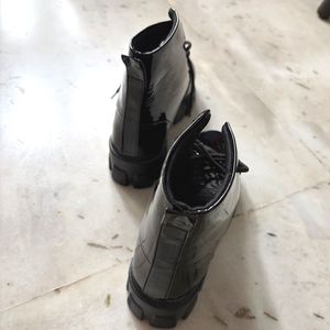 Glossy Black Lace-Up Ankle Boots