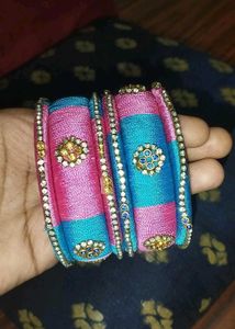 Pink &amp; Blue Silk Thread Bangles (Set of 6)