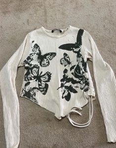Cream Butterfly Print Ribbed Long Sleeve Top