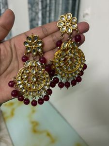 Elegant Kundan & Ruby Dangle Earrings woth maang t