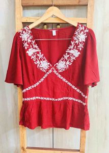 Red Embroidered Peplum Top Size-34