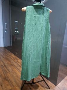 linen Green Sleeveless Collared Tunic Dress