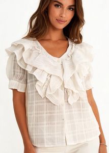 White Ruffle Neck Puff Sleeve Top