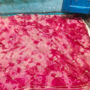 Vibrant Pink Tie-Dye Saree with Gold Embellishment