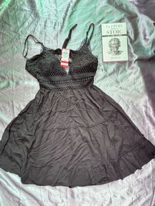 Black Tiered Mini Dress with Lace Detail