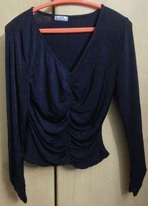 Navy Ruched V-Neck Long Sleeve Top