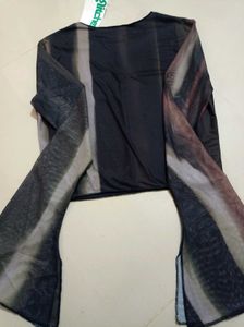 Y2k Abstract Print Bell Sleeves Mesh Top