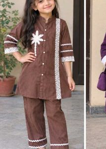 Elegant Brown Kurta Set with White Embellishments