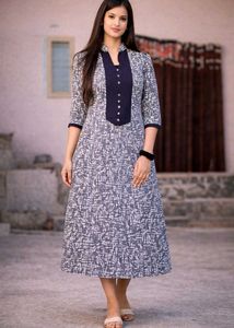 Elegant Grey Printed A-Line Kurti with Black Panel