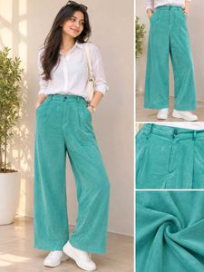 Stylish Teal Wide-Leg Corduroy Pants
