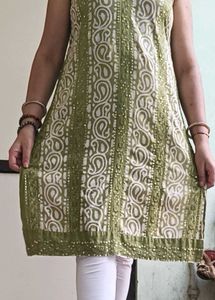 Green embroidered  Kurta with White Pants