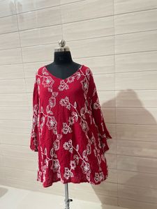 5XLRed Floral Embroidered V-Neck Kurta