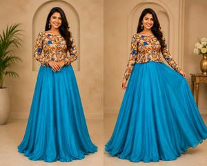 Floral Top &amp; Blue Skirt Set