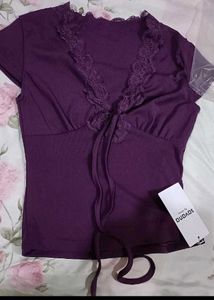 Women's Purple Lace Trim Tie Front Top