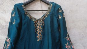 Royal Teal Green Kurta Pant Set | Gold Embroidery