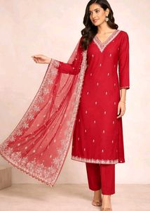 Red Embroidered Kurta Set with Dupatta