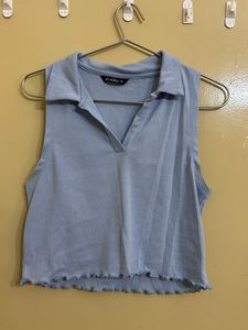 Light Blue Collared Sleeveless Crop Top