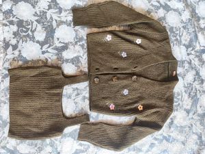 Olive Green Knit Cardigan with Flower Detail