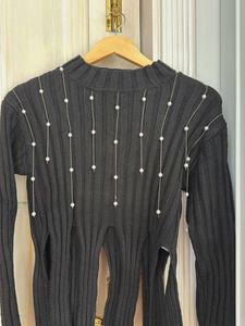 Black Ribbed Pearl Embellished Top