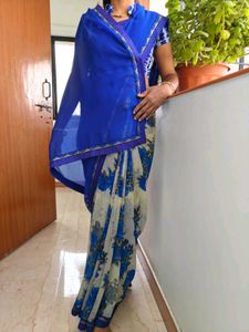 Blue Floral Saree with Matching Blouse